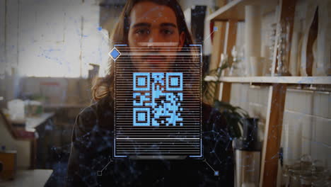 barista standing in cafe workspace, integrating digital technology with qr code network overlay
