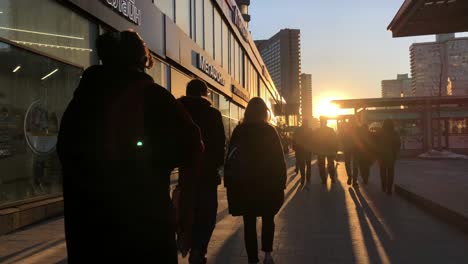 winter sunset moscow city center famous new arbat crowded slow motion panorama 4k russia