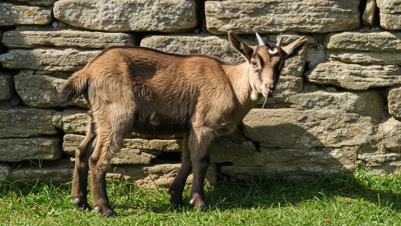 Una giovane capra curiosa pascola contro un rustico muro di pietra, mettendo in mostra la sua natura giocosa e le sue caratteristiche uniche in un ambiente naturale sereno.