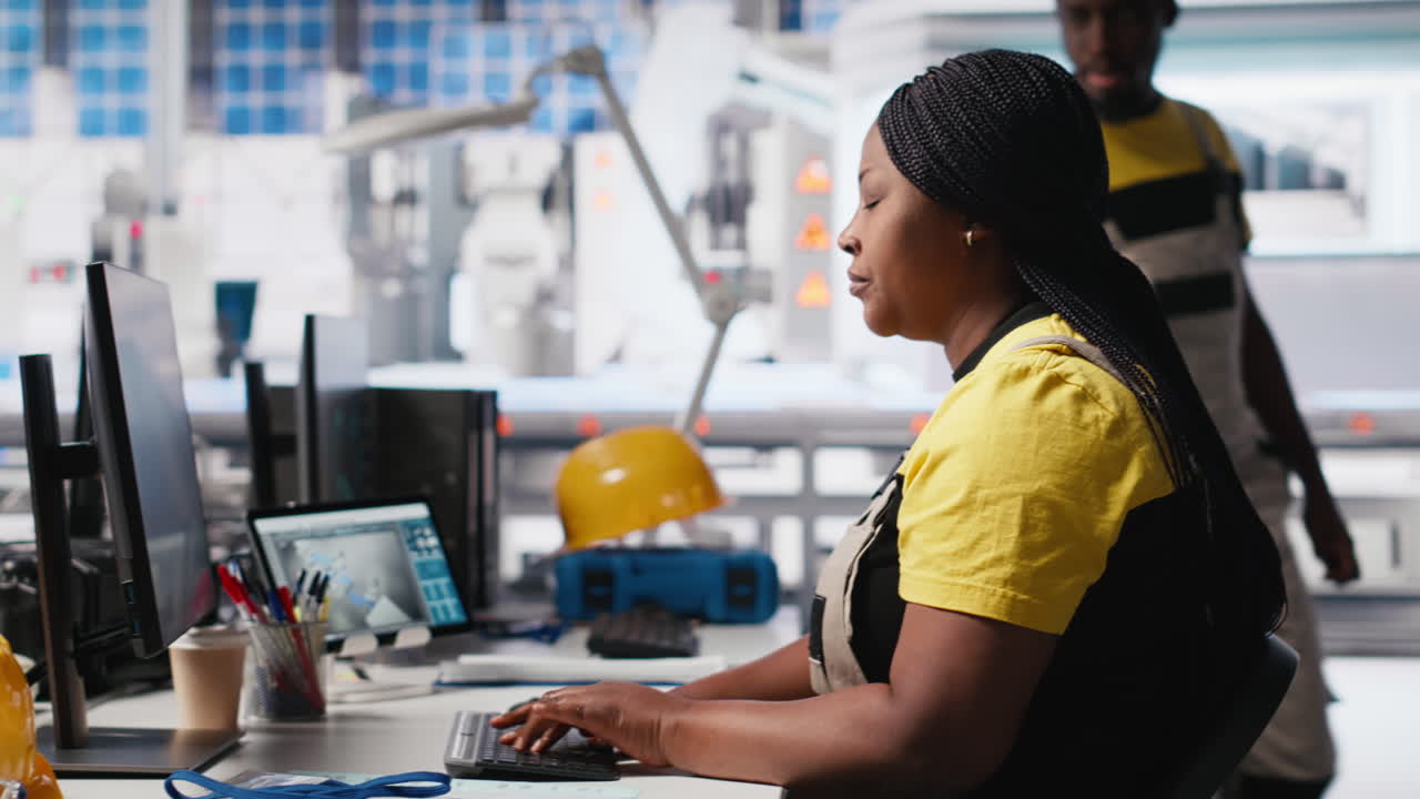 Vertical Video Team of black technicians finetuning the solar panels manufacturing at the plant
