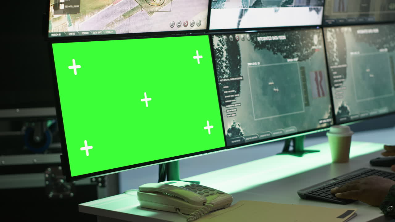 그린 스크린 장비를 사용하는 군사 본부 기지의 군인