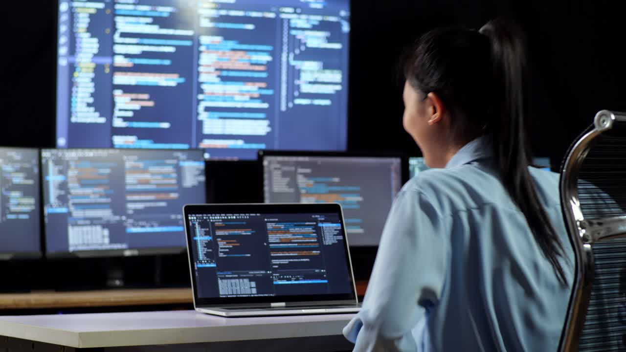 여러 모니터를 사용하여 노트북으로 코드를 작성하기 위해 작업 공간으로 들어가는 아시아 여성 프로그래머의 뒷면이 사무실의 터미널 창 데스크에서 데이터베이스를 보여줍니다.