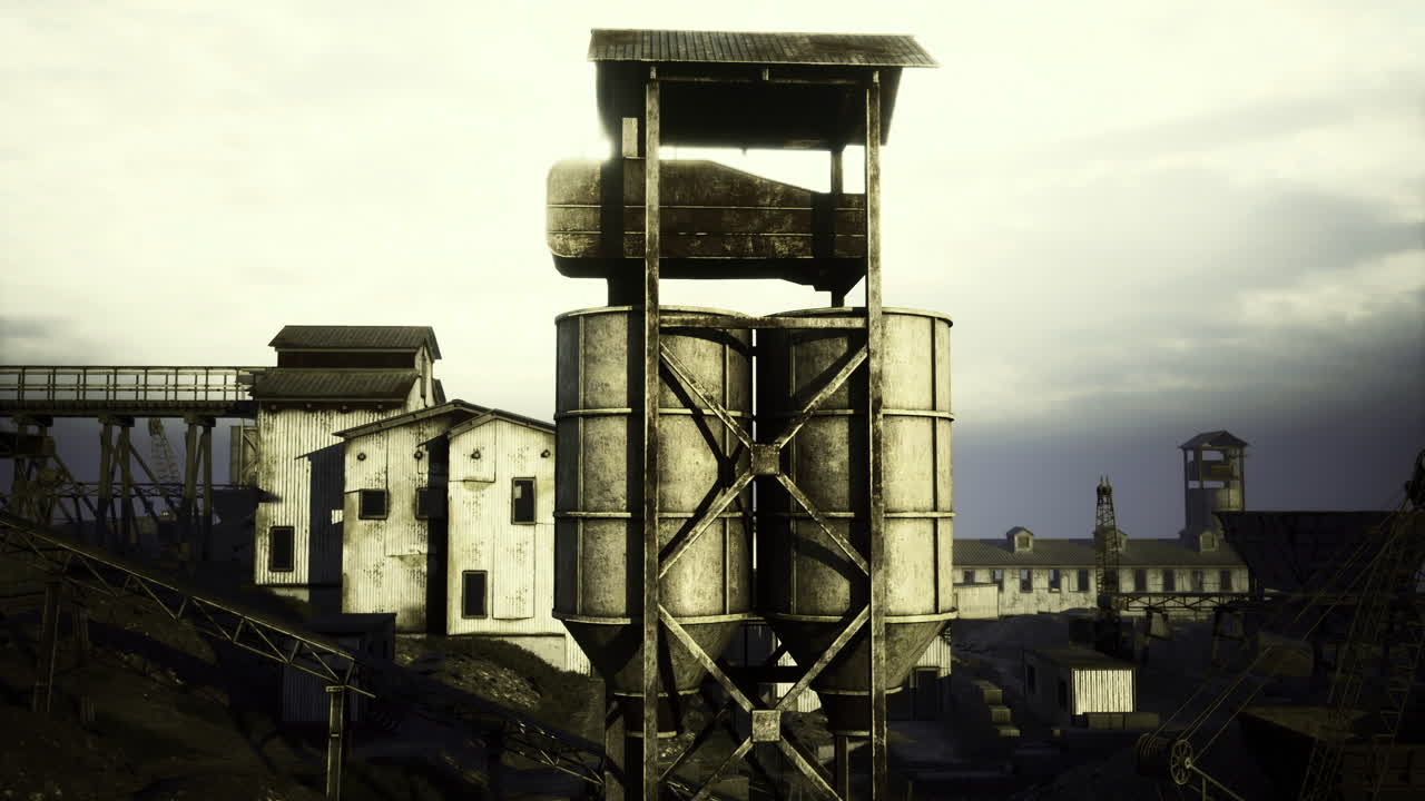Abandoned industrial complex under moody sky evokes forgotten history