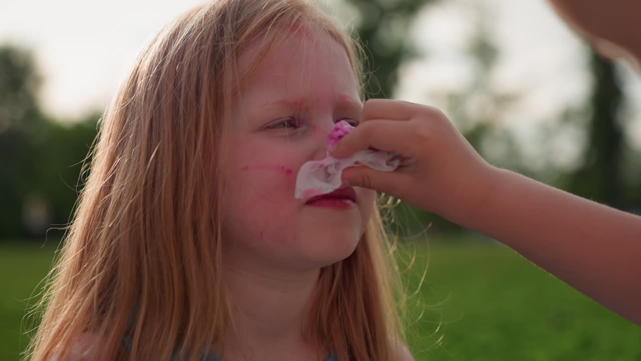 young boy gently cleaning girl nose with tissue while seated on grass, pink face paint smudges visible, soft daylight, blurred trees in background, caring playful moment between children