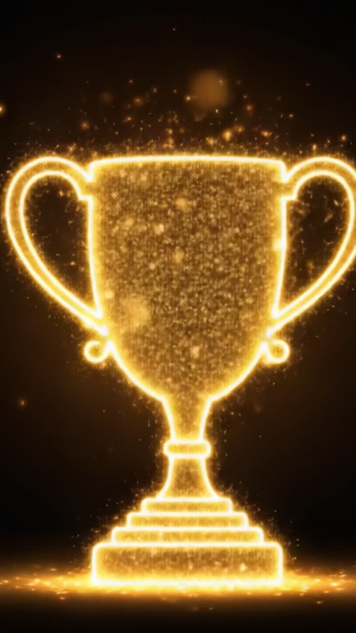 Un trofeo dorato scintillante di stelle, simbolo di successo e vittoria, catturato in due splendide inquadrature che ne mostrano lo splendore e la gloria.