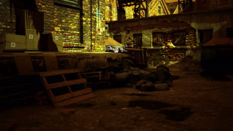 urban alley at night with crates and debris under warm lighting