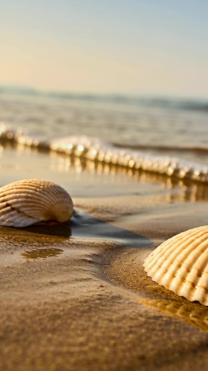 Vertical video: Rolling surf pushing water around two ridged shells on wet beach sand, golden light