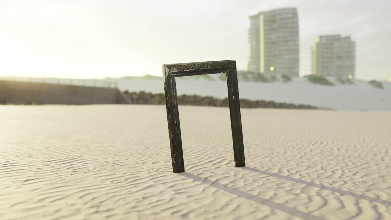 Mysterious doorway stands alone on sandy beach during sunset
