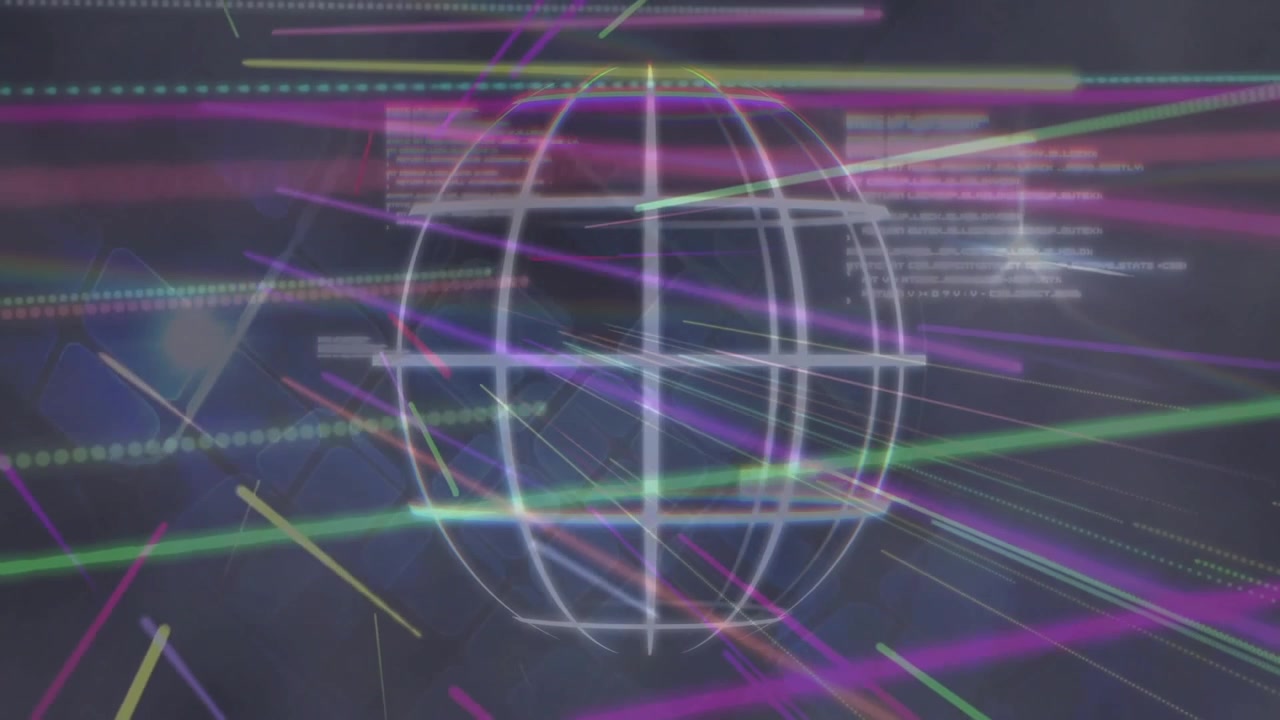 Glowing wireframe sphere floating at center while neon streaks radiating across data honeycomb grid