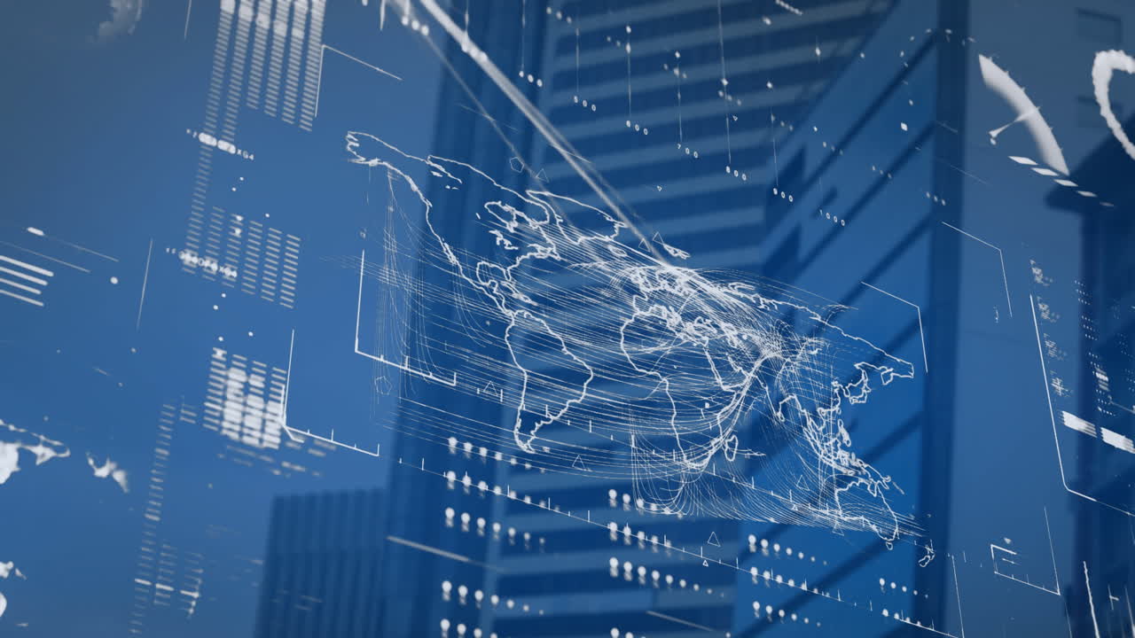 지구, 지도 및 로딩 바의 애니메이션 하늘에 대한 현대 건물의 낮은 각도 뷰