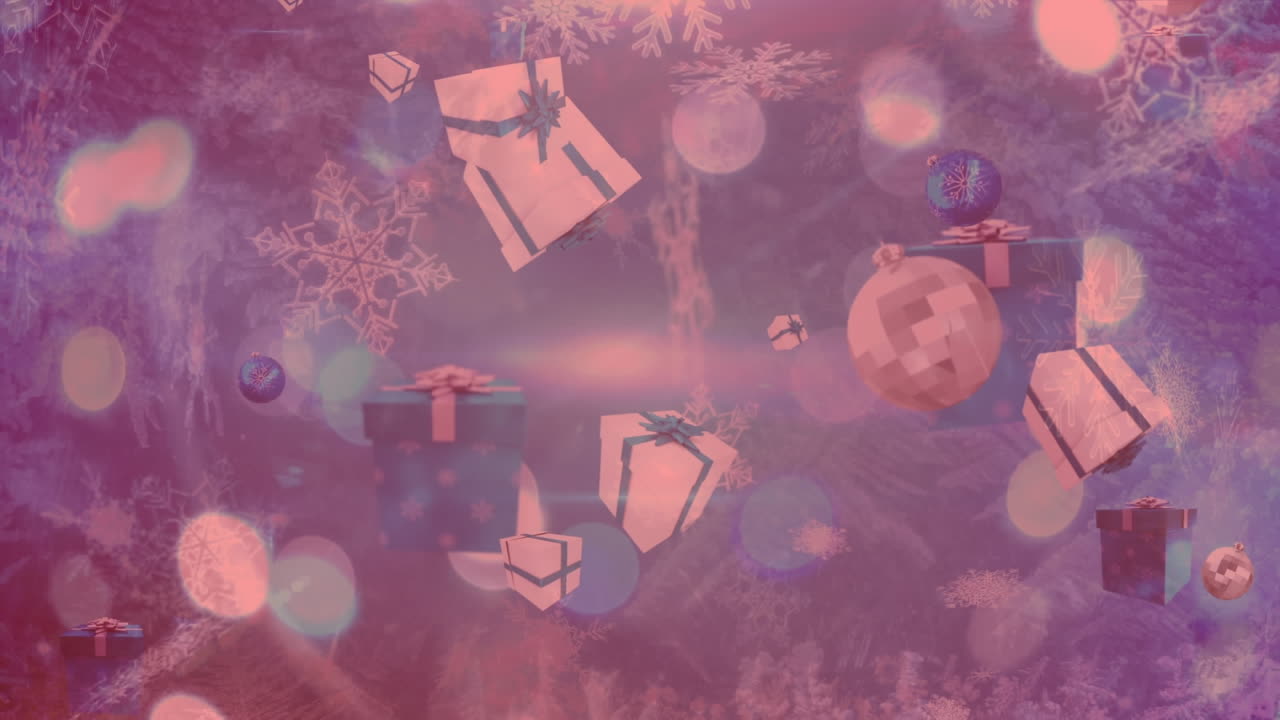 Mavi arka plan üzerinde düşen çoklu Noel hediyeleri, süs topları ve kar tanesi simgeleri.