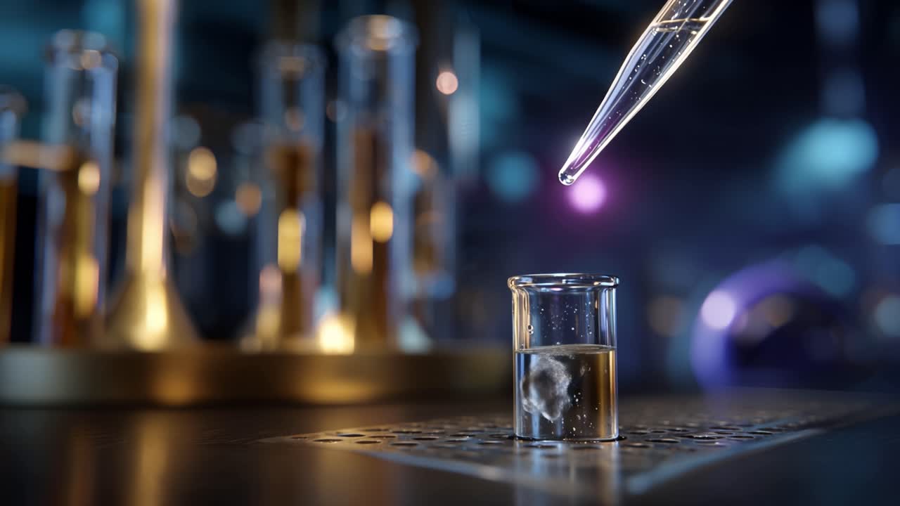 Trasferimento preciso di liquidi ed esperimenti scientifici, con una pipetta che fa cadere l'acqua in un becher in un moderno ambiente di laboratorio.