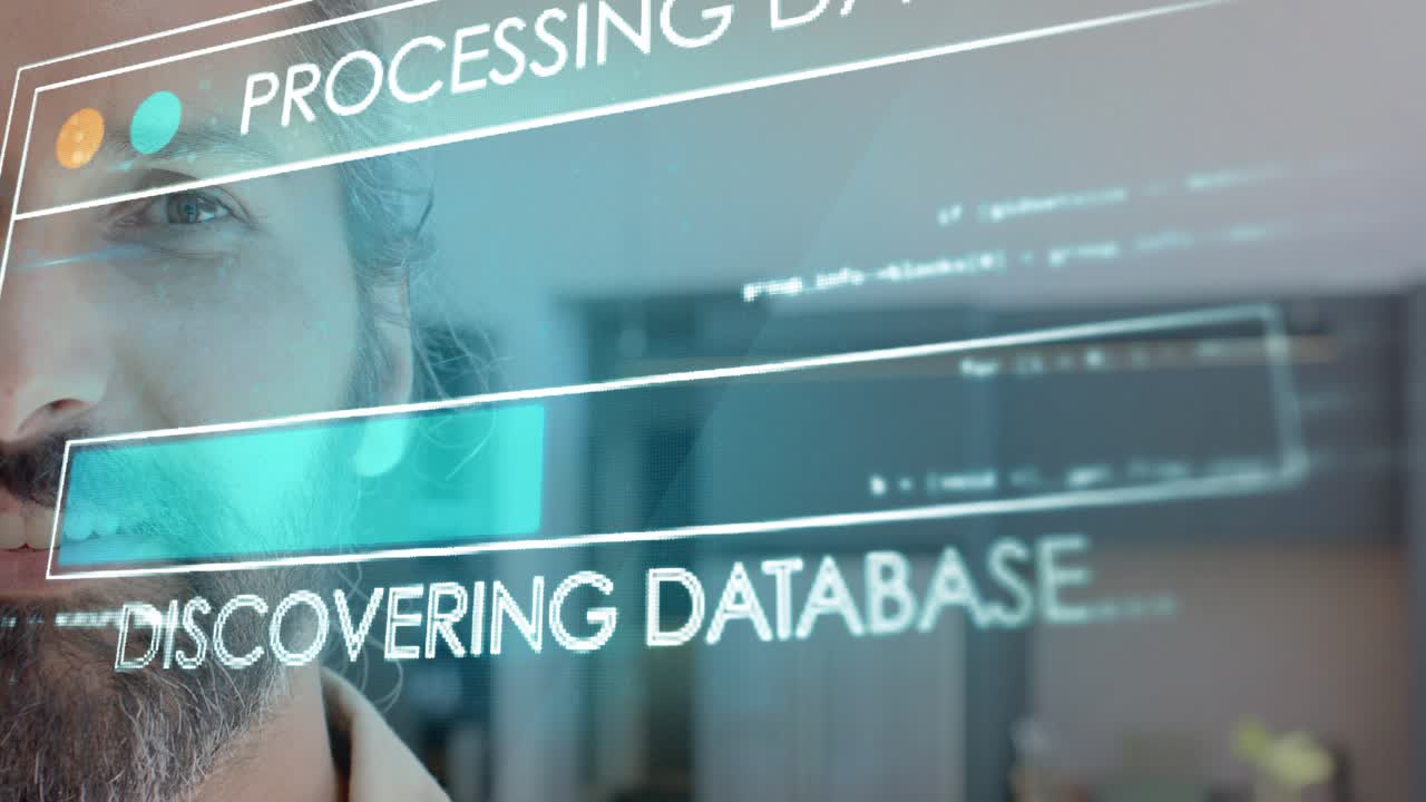 Engineer observing technology AR interface sliding in office, progress bars filling securing access