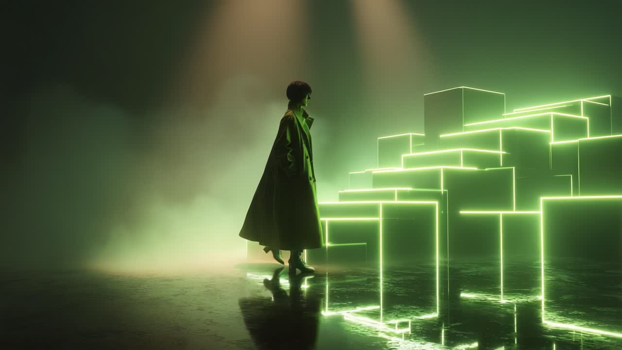 Woman in Trench Coat Walking Up Neon Lit Stairs