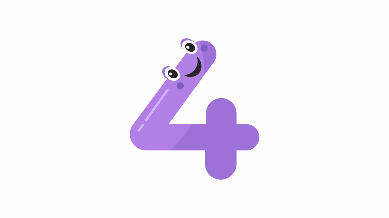 Cute Animated Purple Number Four Character Blinking and Smiling