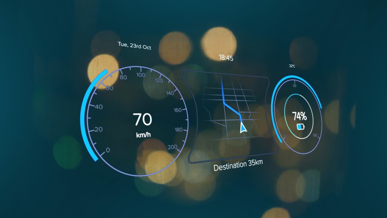 Animation of speedometers and navigation pattern over blurred lights of vehicles