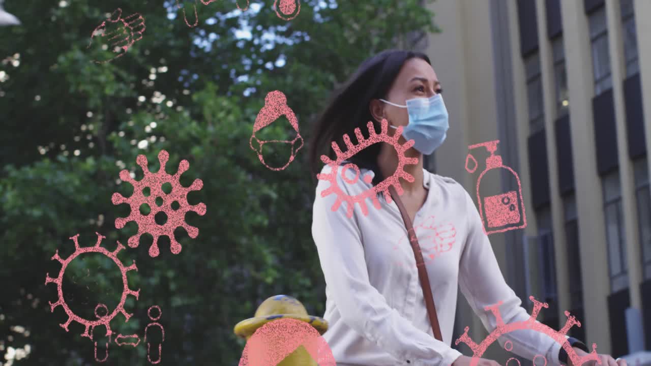 複数のcovid-19コンセプトアイコンが ⁇ マスクをかぶった女性が自転車に乗っているところに浮いている ⁇