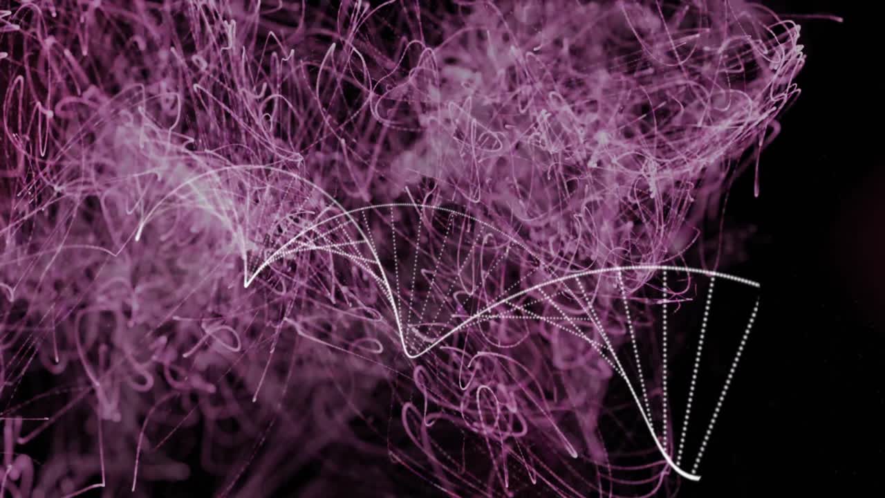 animación digital de la estructura del adn y rastros de luz púrpura contra un fondo negro