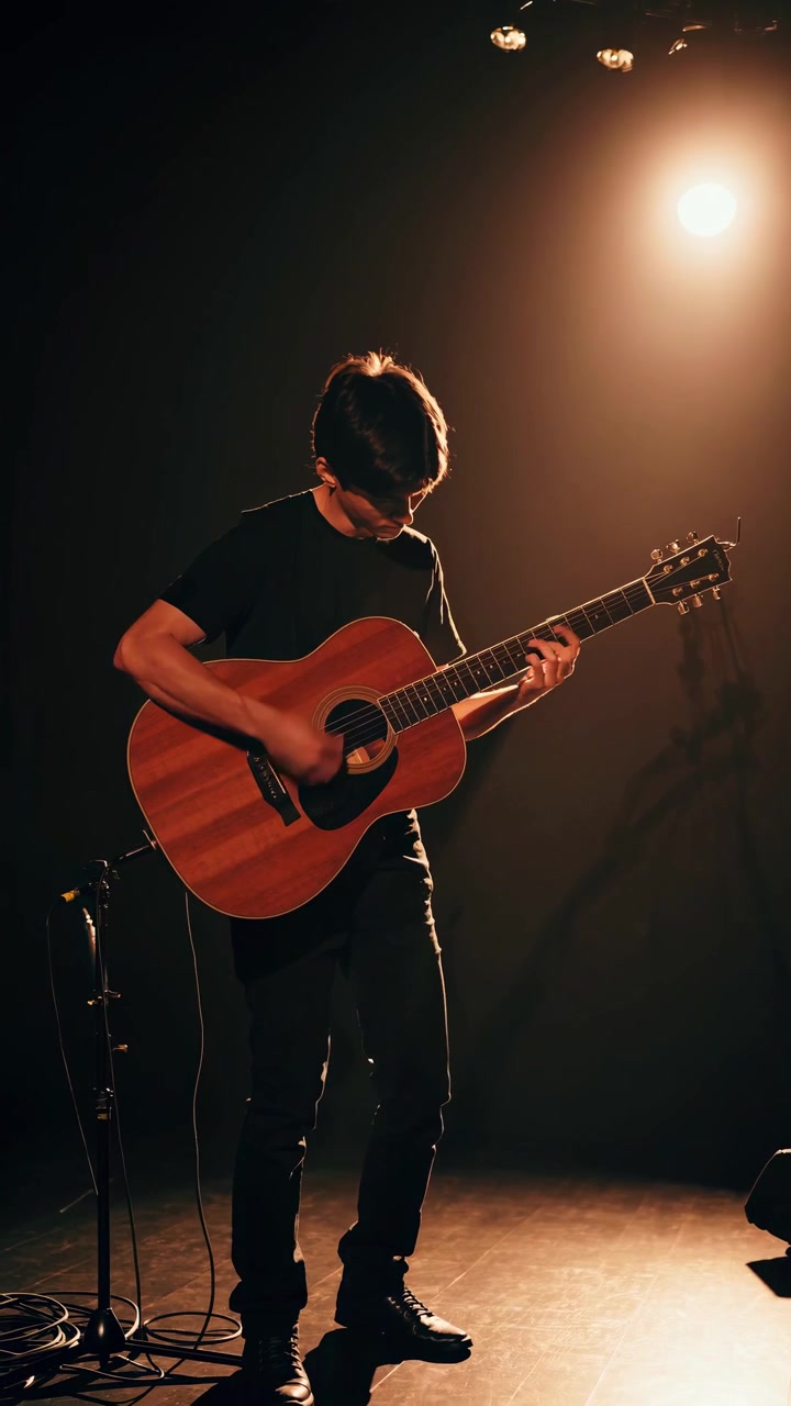 Ung musiker som spiller akustisk gitar på scene under rampelyset