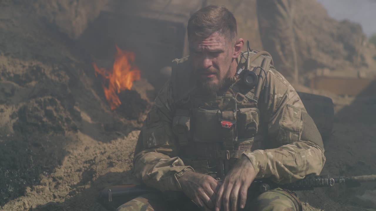 Soldier Resting in War Zone