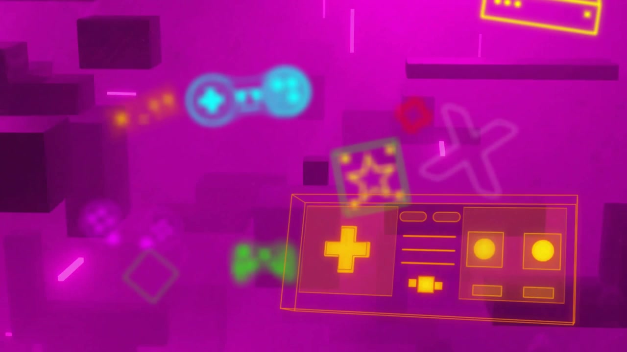 Fundo Abstrato em Movimento com Ícones de Jogos Neon e Blocos Flutuantes.