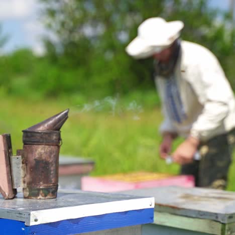 chimney with smoke at apiary. black smoker on blur background of beekeeper. apiarist inspecting bees in summer. beekeeping concept.