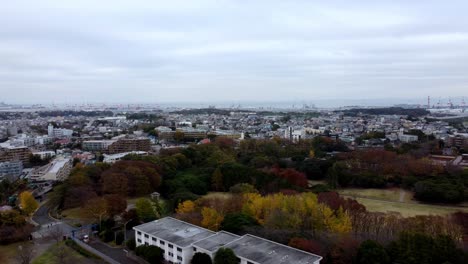 Los-Colores-Del-Otoño-Cubren-Un-Paisaje-Urbano,-Cielos-Nublados-Arriba,-Un-Toque-De-Vida-Urbana.