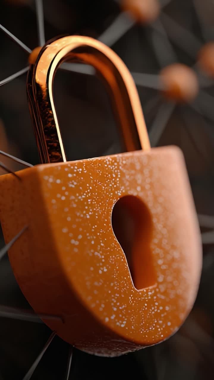 A Close-Up View of a Vibrant Orange Padlock Highlighting its Distinctive Features and the Intricate Background Structure for Enhanced Security Themes