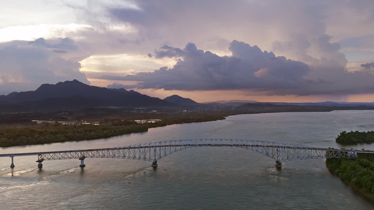 San Juanico Bridge wide establishing shot at golden hour of the bridge connection Leyte and Samar Philippines.