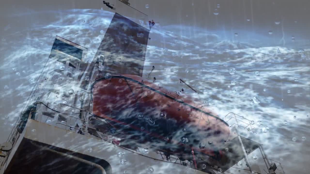 비가 오는 바다와 파도 위에 매달린 배의 애니메이션