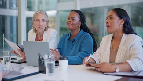 meeting, laptop and business women in office