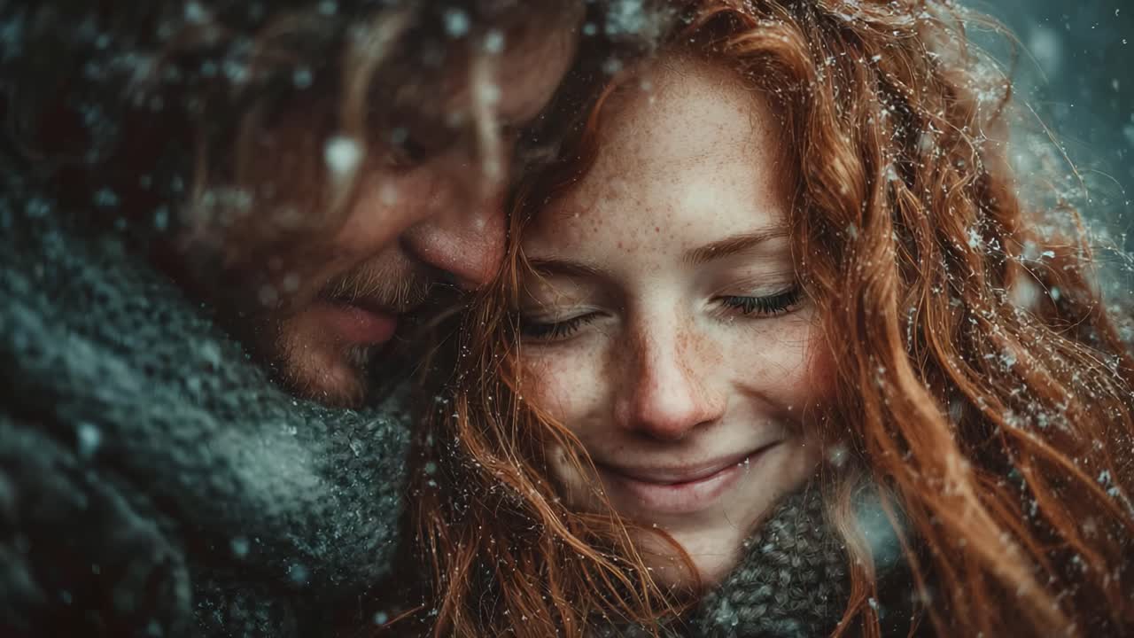 A Close Embrace in a Snowy Wonderland: Capturing the Intimate Moments of Natural Connection and Love Between Two Individuals Surrounded by Falling Snowflakes