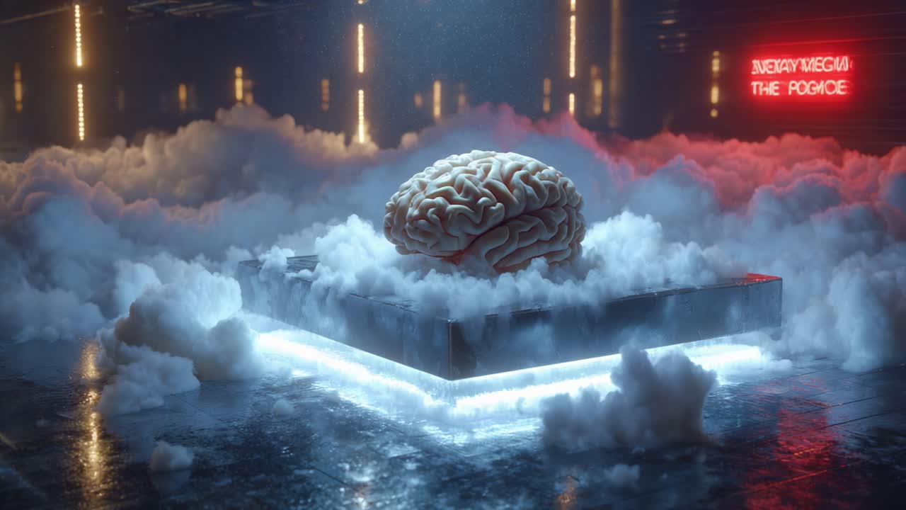 A surreal depiction of a brain, illuminated and encased in a glowing platform, surrounded by dramatic clouds in a futuristic environment, blending science and art
