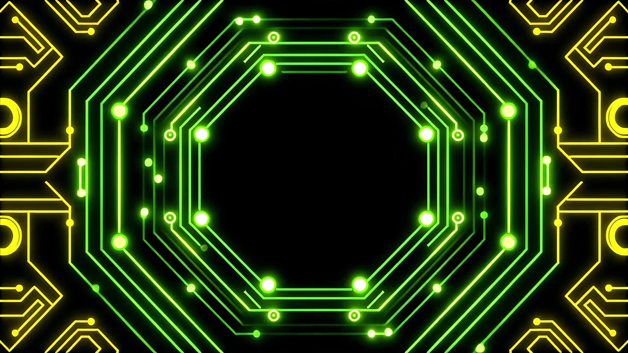 Animazione di circuito stampato digitale verde neon e giallo.
