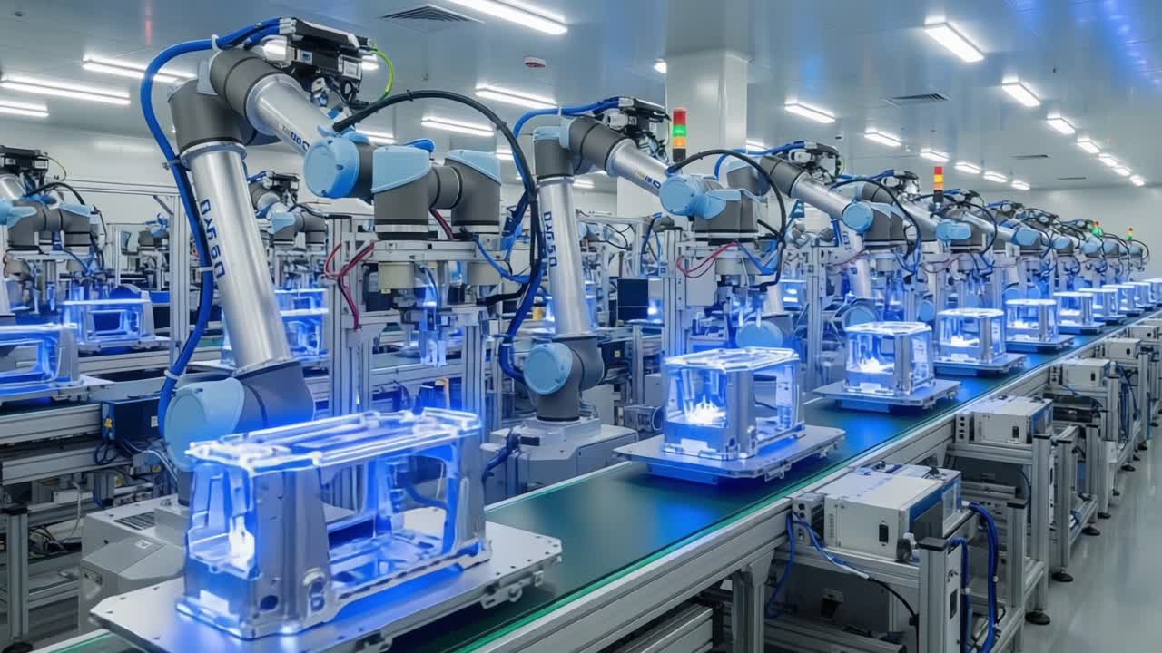 Advanced Manufacturing: An Inside Look at a Highly Automated Production Line Featuring Robotic Arms Working in Sync to Assemble Transparent Components