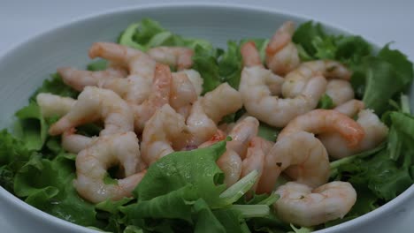 fresh shrimp salad with lettuce on white dish rotating