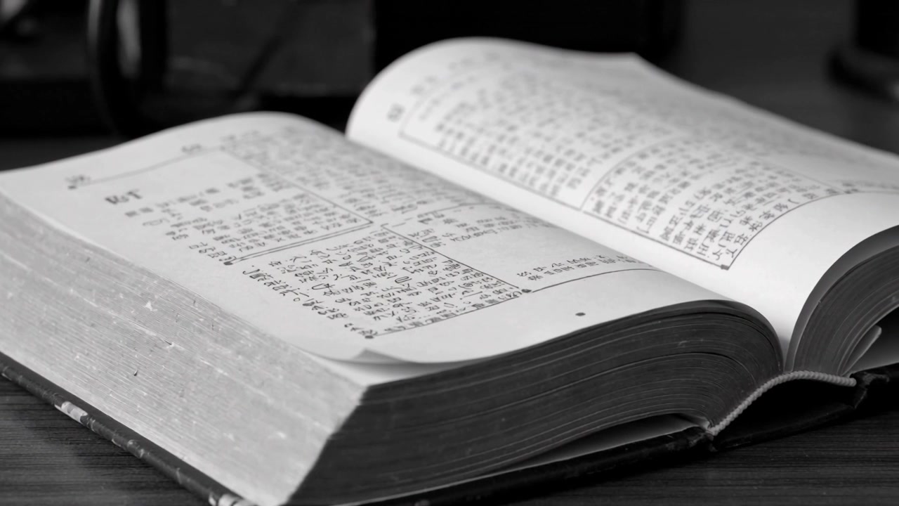 Telecamera in movimento che rivela pagine spesse di un libro che si posano su una scrivania di legno vicino a una lampada, mostrando testo verticale.