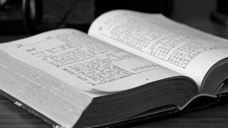 Cámara en movimiento que revela páginas gruesas de un libro posándose en un escritorio de madera cerca de una lámpara, mostrando texto vertical.