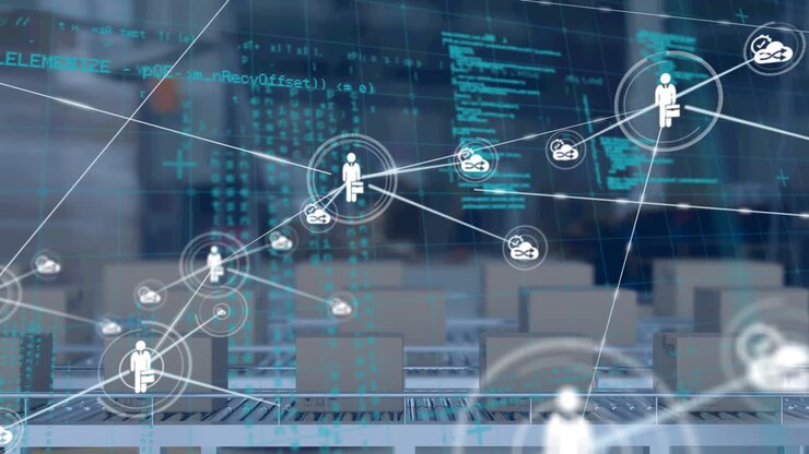 Netværk af digitale ikoner og databehandling mod leveringskasser på et transportbånd