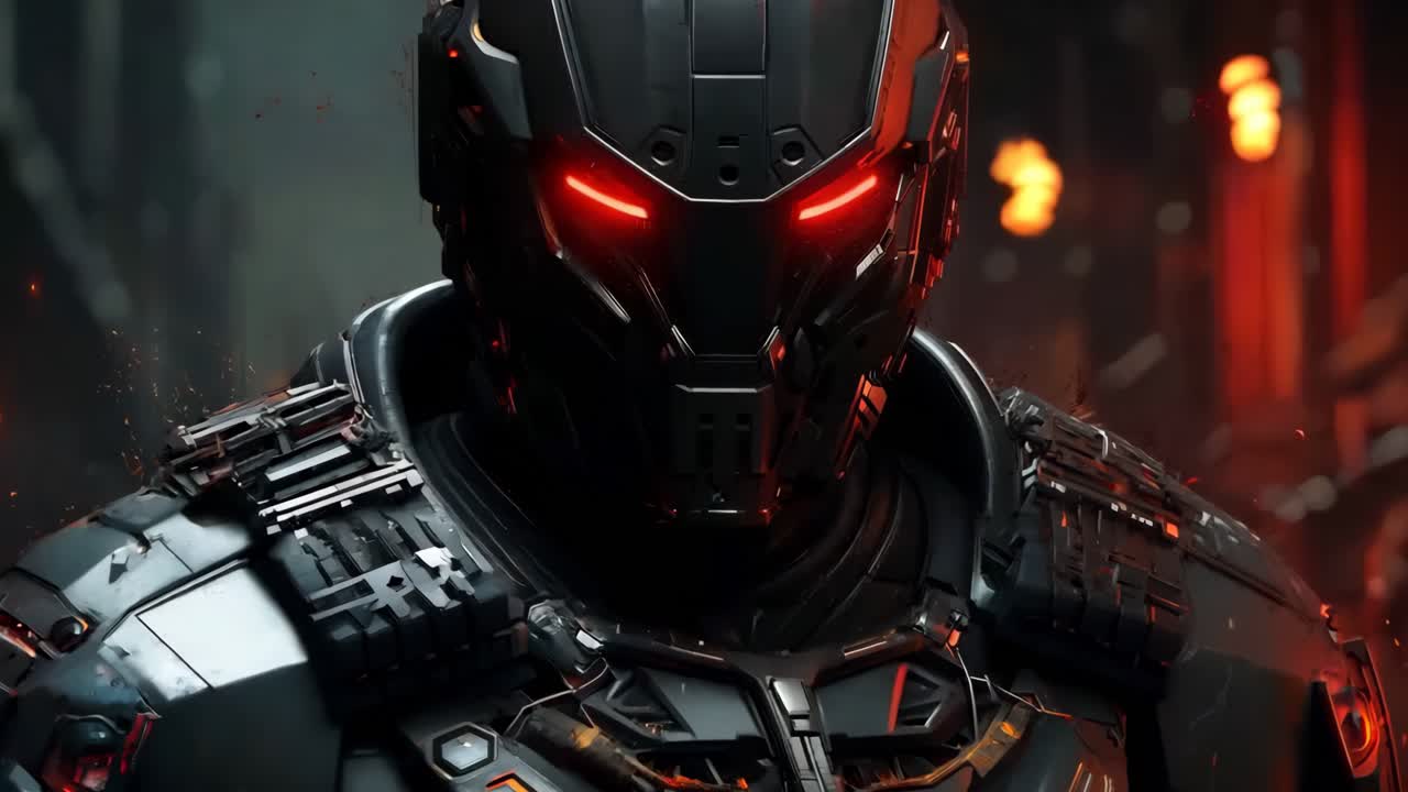 un hombre en un traje negro con ojos rojos de pie en una ciudad oscura