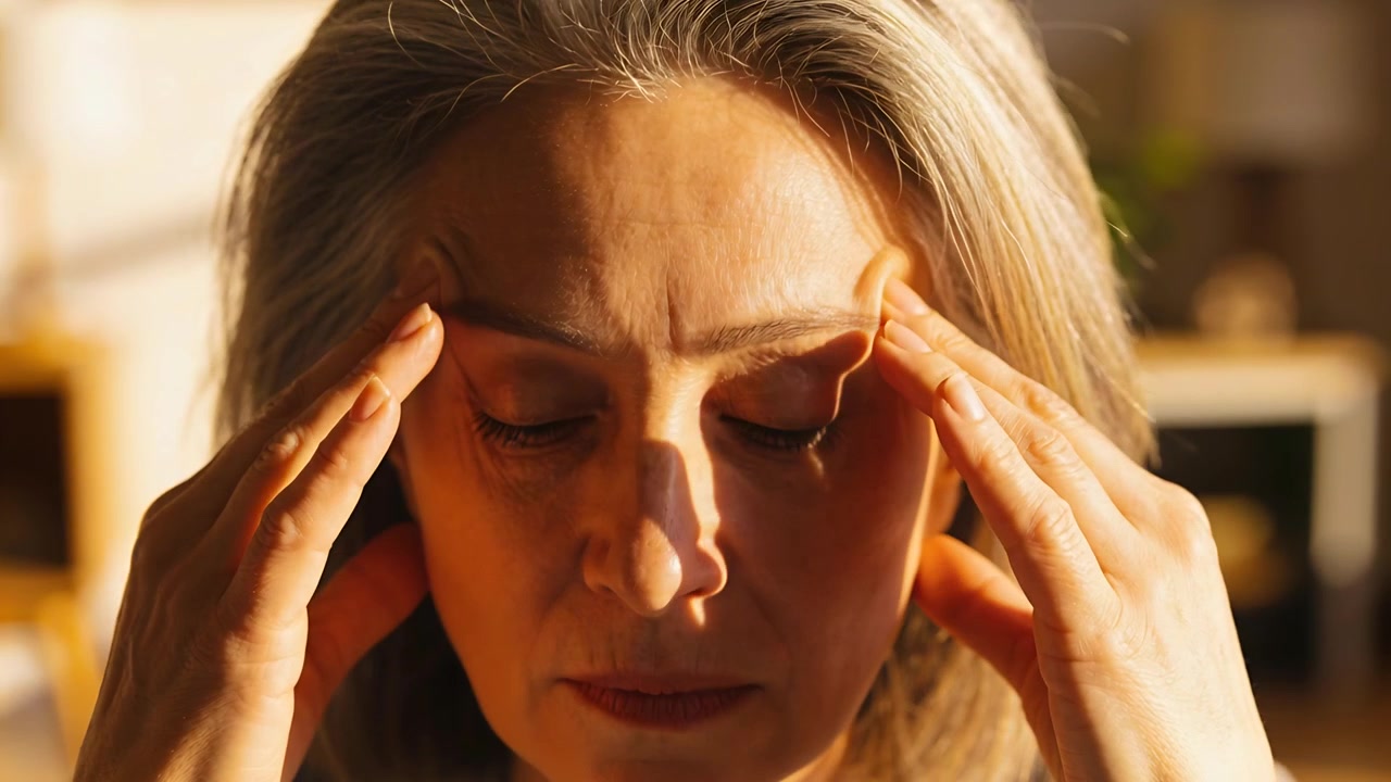 Alzando le mani, una donna di mezza età si preme le tempie a casa, cercando sollievo con la punta delle dita