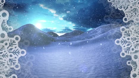 Copos-De-Nieve-Formando-Un-Marco-Sobre-La-Nieve-Cayendo-Sobre-El-Paisaje-Invernal-Contra-El-Cielo-Azul