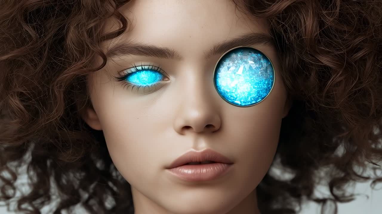 Powering ocular device, woman's left eye gaining crystal blue glow in studio, with faceted monocle