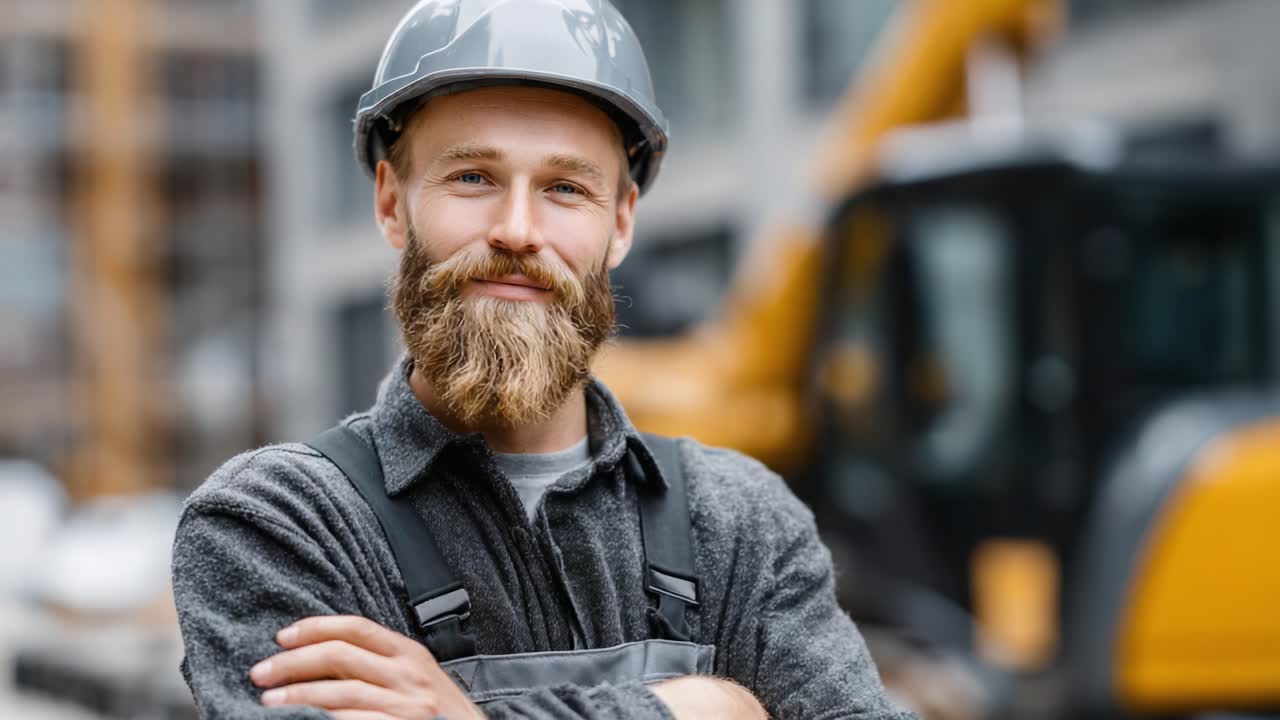 Confident Construction Worker in Helmets Smiling at the Camera on a Construction Site Surrounded by Equipment Reflecting a Commitment to Safety and Professionalism