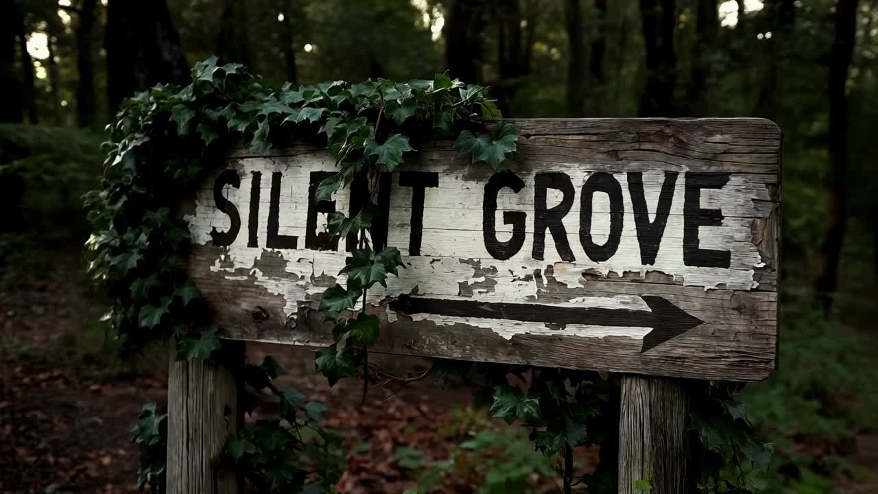 Movimento lento della camera che rivela l'insegna SILENT GROVE in un boschetto ombreggiato per evidenziare la freccia e l'edera