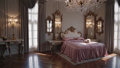 sunlight streaming through ornate windows, illuminating luxurious pink satin bedding, golden furniture, and intricate interior design details within opulent bedroom space