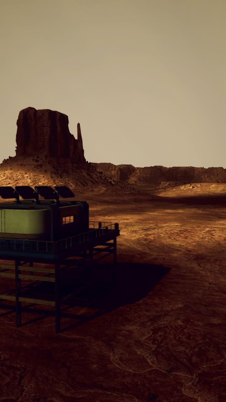 Solar energy structure situated in a desert landscape under twilight skies