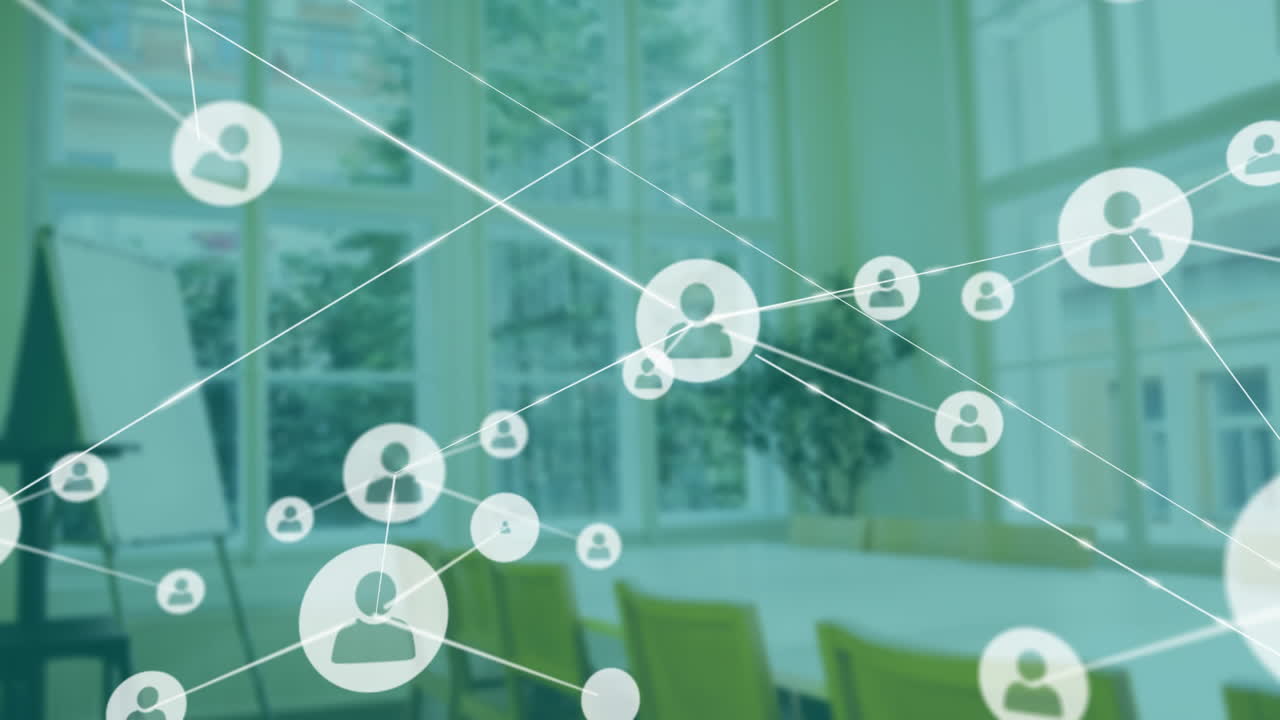 녹색 의자와 큰 창문으로 비어있는 사무실에서 네트워크 연결을 활성화합니다.