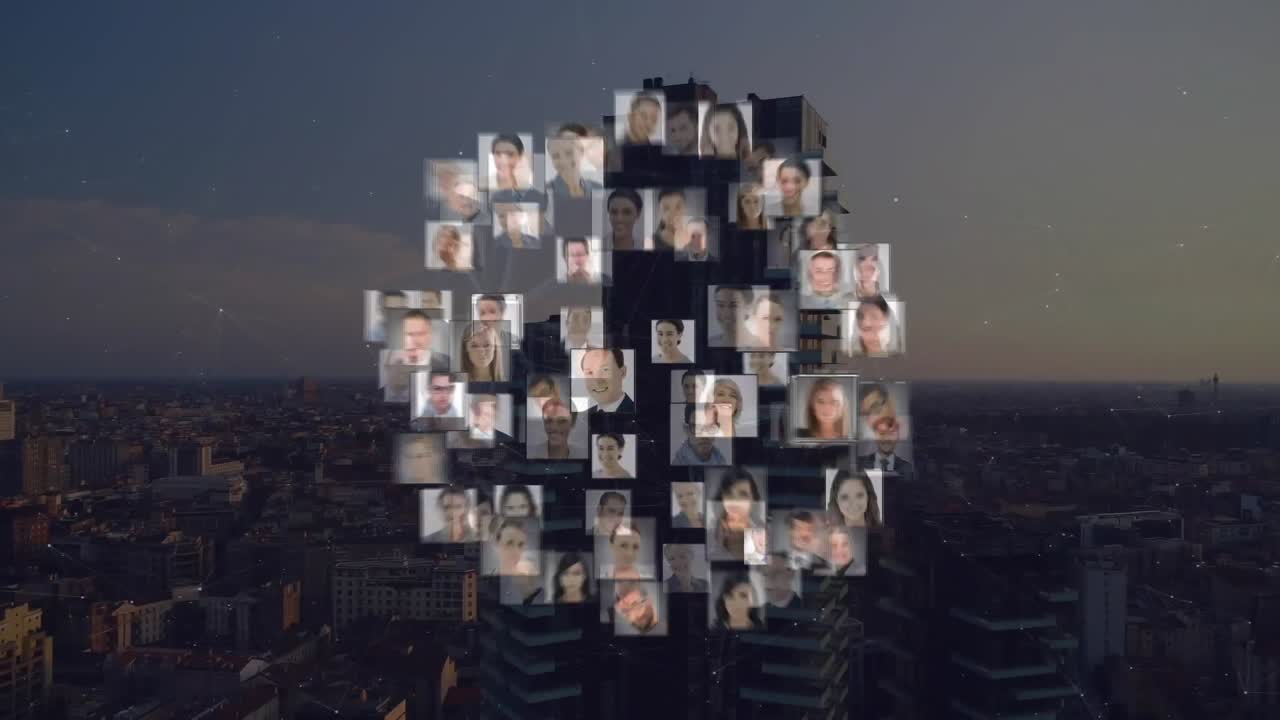 Animation of network of connections with people photos over cityscape