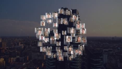 Animation-of-network-of-connections-with-people-photos-over-cityscape